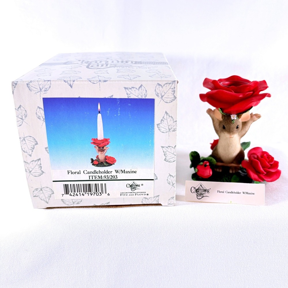 Fitz and Floyd Charming Tails Floral‎ Candleholder Maxine Mouse Red Rose 93/203